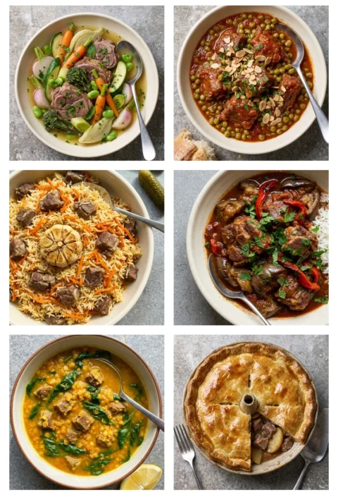 A grid of six Hairy Bikers lamb neck fillet recipes including spring vegetable braise, Spanish peas, plov, aubergine casserole, lentil soup and squab pie