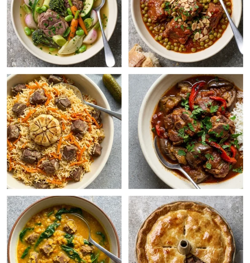 A grid of six Hairy Bikers lamb neck fillet recipes including spring vegetable braise, Spanish peas, plov, aubergine casserole, lentil soup and squab pie
