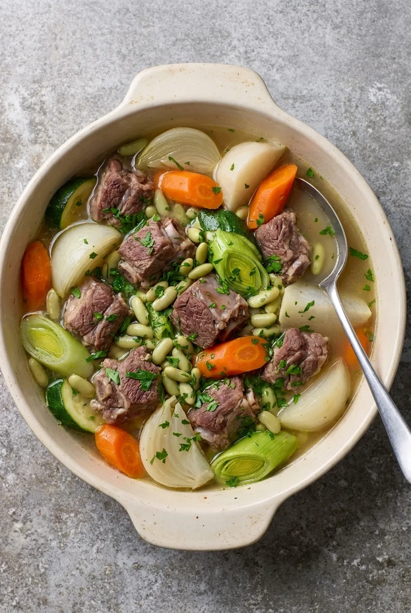 French lamb navarin casserole with cubed lamb, vegetables and flageolet beans in a light broth