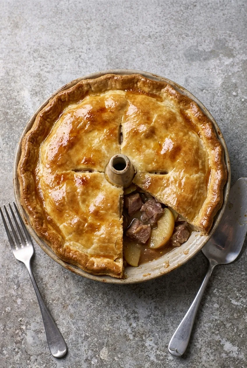 Gloucestershire squab pie with a golden shortcrust lid and a lamb and apple filling