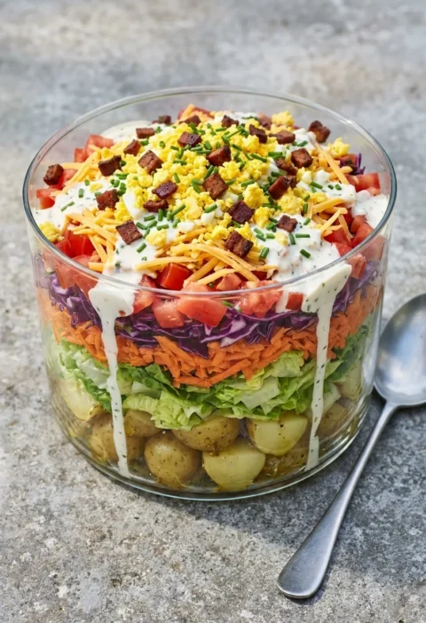 American layered salad in a glass bowl with visible layers of potato, lettuce, carrot, red cabbage, tomatoes, Cheddar, egg and tofu bacon bits