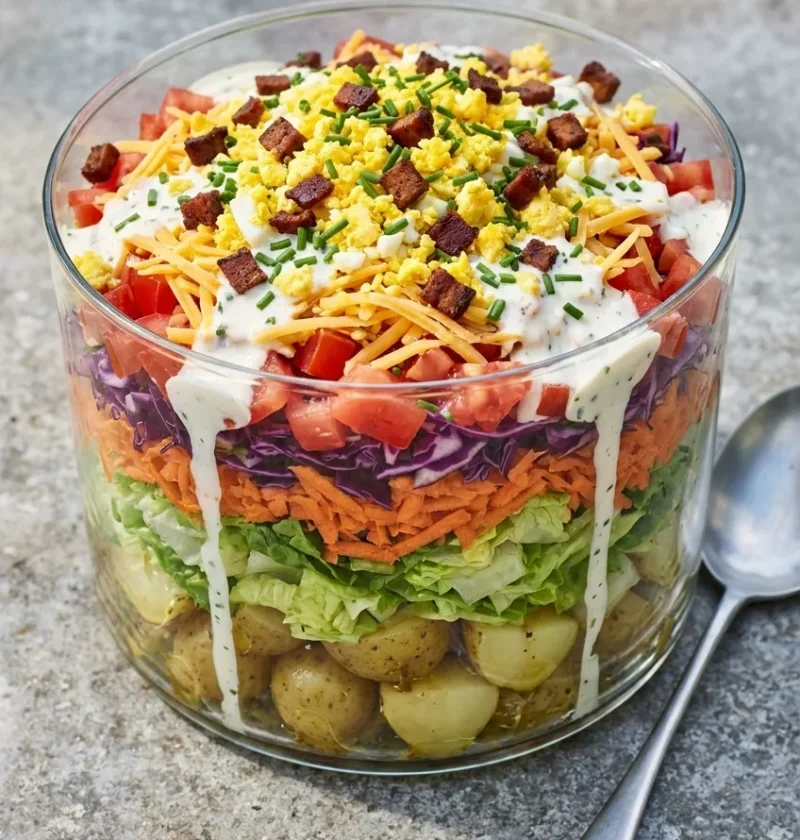 American layered salad in a glass bowl with visible layers of potato, lettuce, carrot, red cabbage, tomatoes, Cheddar, egg and tofu bacon bits