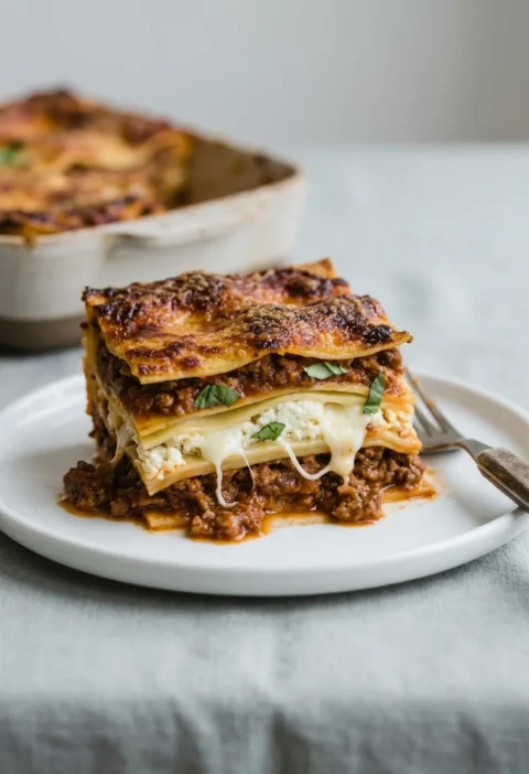 Slice of beef lasagne showing layers of ragu ricotta mozzarella and Parmesan on a white plate