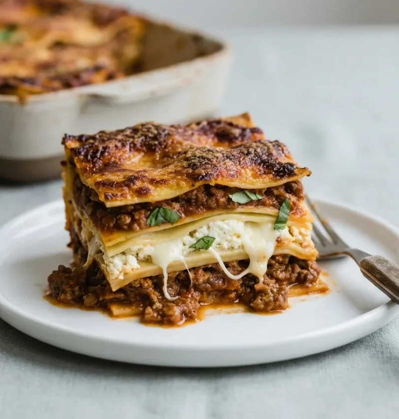 Slice of beef lasagne showing layers of ragu ricotta mozzarella and Parmesan on a white plate