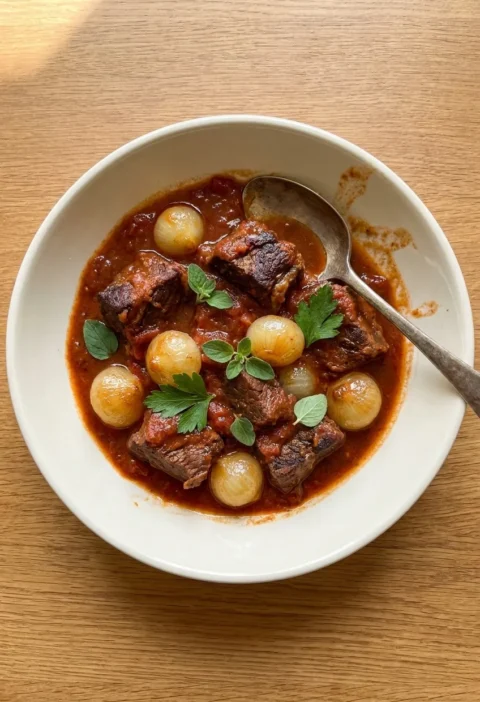Beef stifado with whole pickling onions in a glossy red wine and tomato sauce, served in a pale bowl