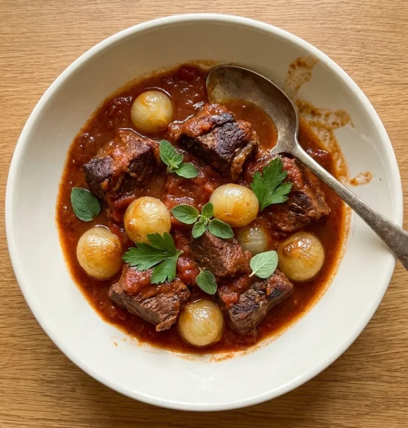 Beef stifado with whole pickling onions in a glossy red wine and tomato sauce, served in a pale bowl