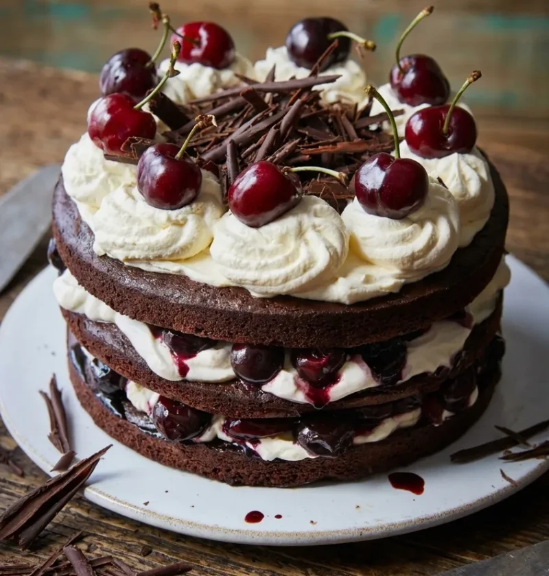 Black forest gateau with four chocolate sponge layers cream cherries and grated chocolate on a white plate