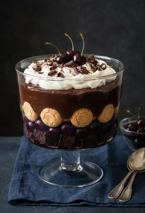 Black forest trifle in a glass bowl showing layers of brownies cherries amaretti biscuits chocolate custard and cream