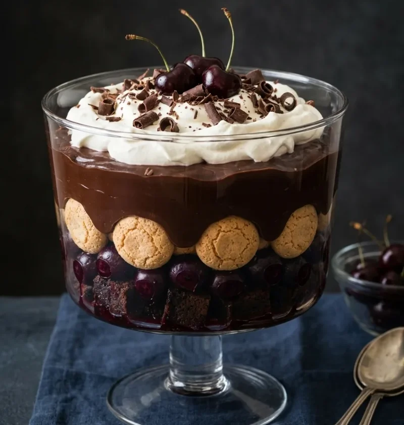 Black forest trifle in a glass bowl showing layers of brownies cherries amaretti biscuits chocolate custard and cream