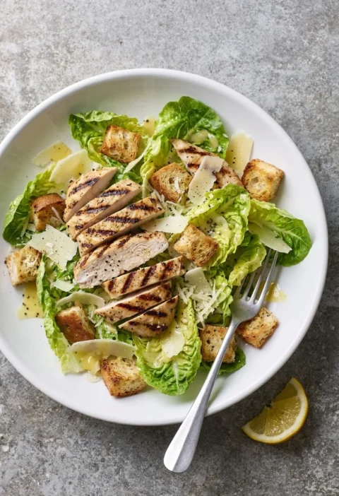 Caesar salad with griddled chicken, ciabatta croutons, Parmesan and anchovy dressing in a white bowl