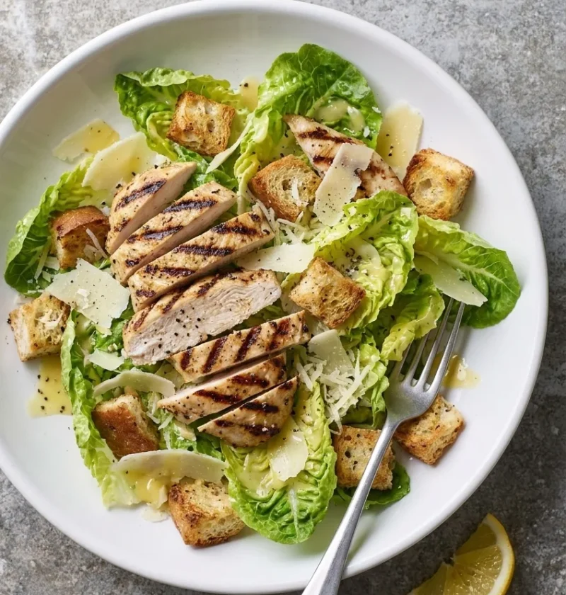 Caesar salad with griddled chicken, ciabatta croutons, Parmesan and anchovy dressing in a white bowl
