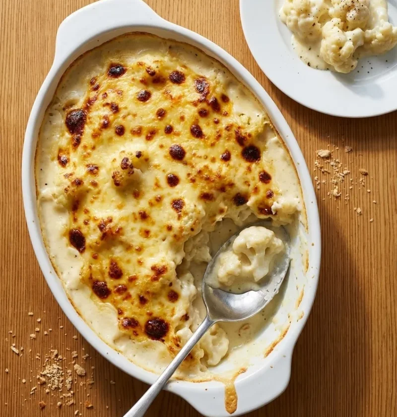 Baked cauliflower cheese with golden bubbling crust in a white oval dish with a served portion on a side plate
