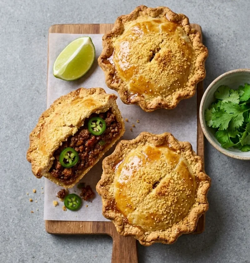 Hairy Bikers chilli beef pies with polenta crust, jalapeños, and lime