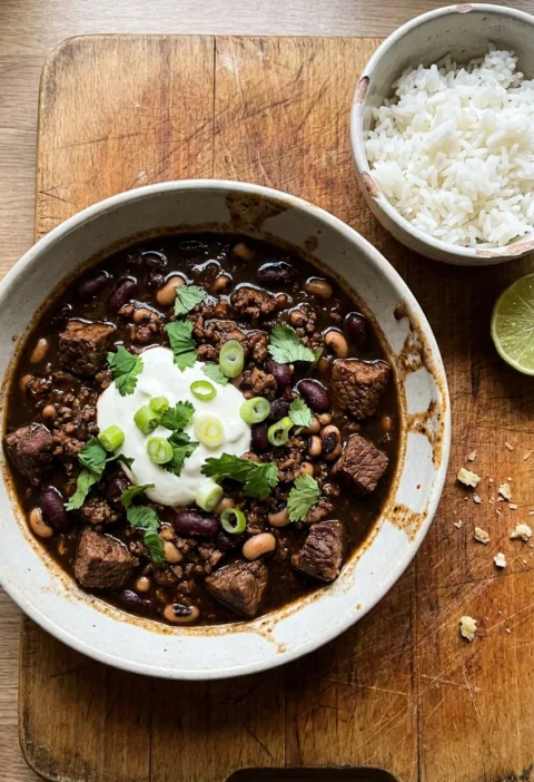 Hairy Bikers chilli con carne with diced steak and mince in dark chocolate sauce with kidney beans and soured cream