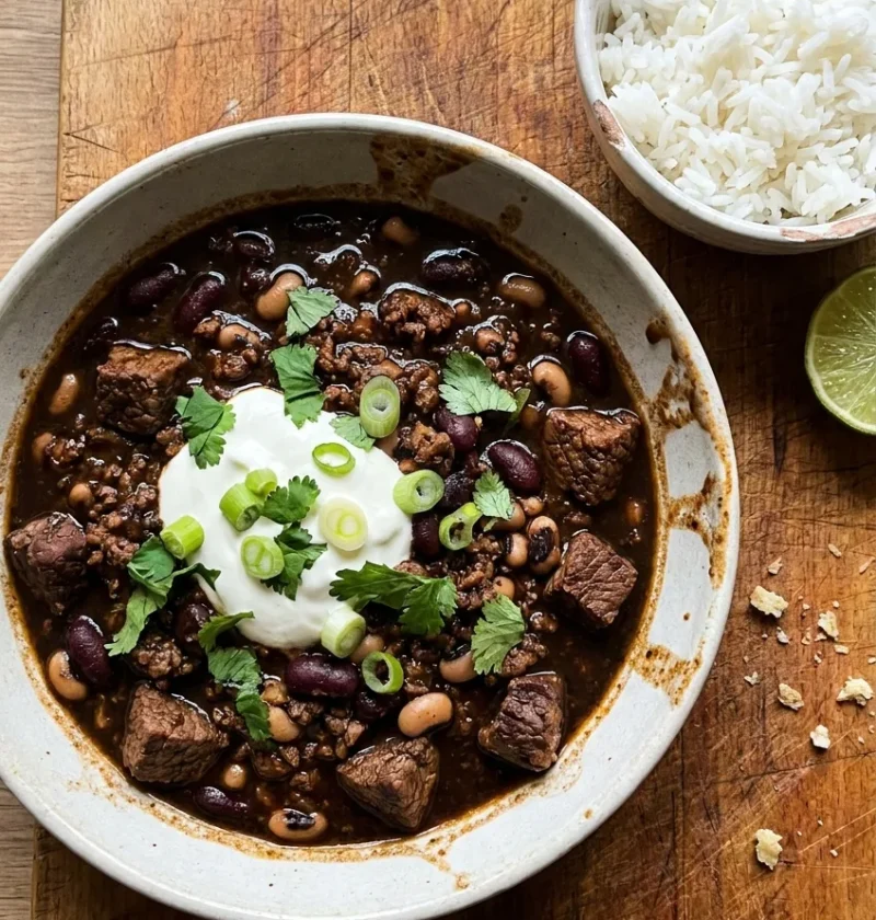 Hairy Bikers chilli con carne with diced steak and mince in dark chocolate sauce with kidney beans and soured cream