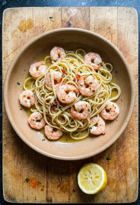 Hairy Bikers chilli prawn pasta with linguine, chopped red chilli, and lemon
