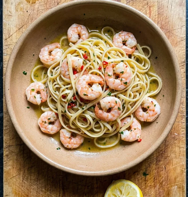 Hairy Bikers chilli prawn pasta with linguine, chopped red chilli, and lemon