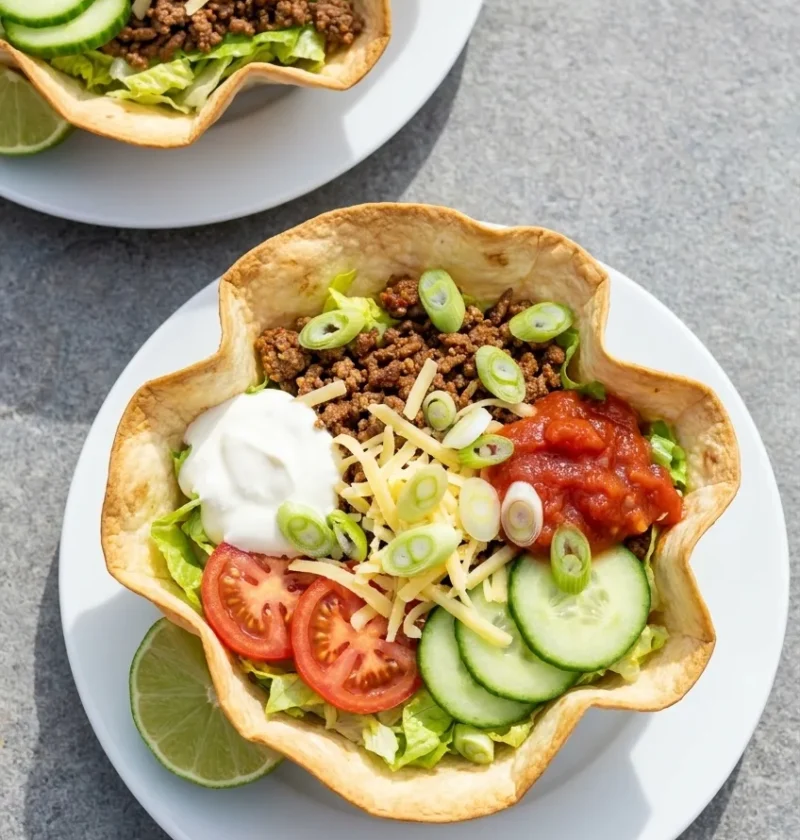 Hairy Bikers chilli salad bowls in crispy tortilla shells with mince, lettuce, and Cheddar