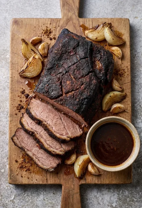 Hairy Bikers coffee and chilli brisket sliced on a wooden board with gravy