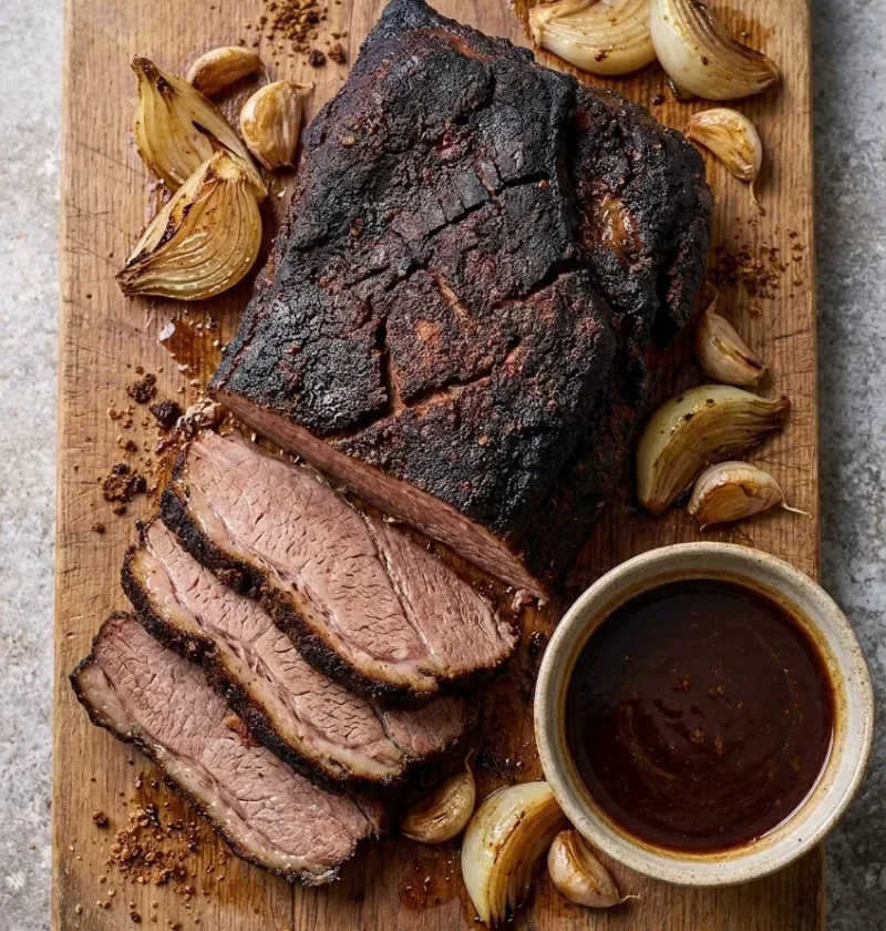 Hairy Bikers coffee and chilli brisket sliced on a wooden board with gravy