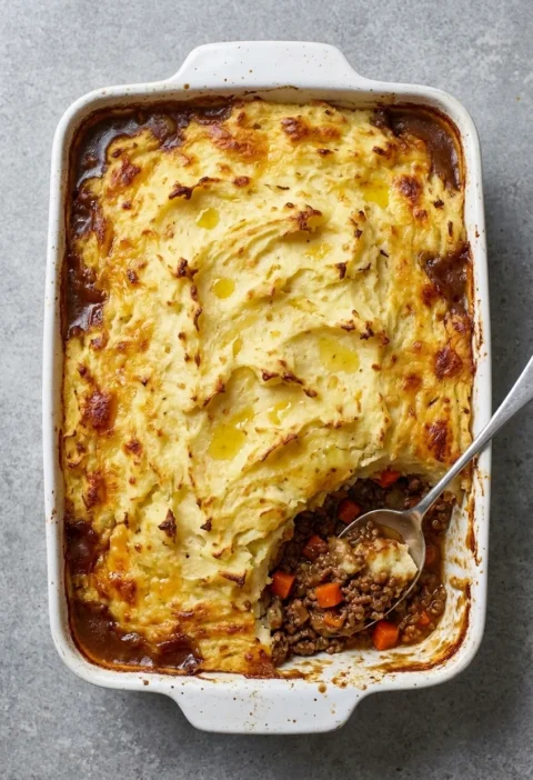Baked cottage pie with golden cheesy mash topping and beef mince filling in a white ceramic dish