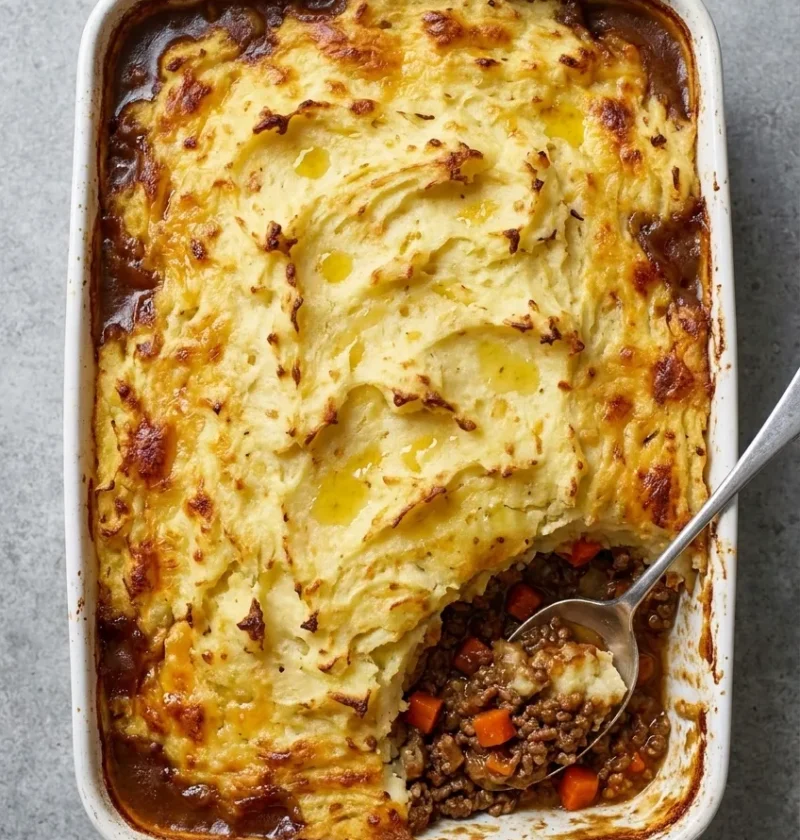 Baked cottage pie with golden cheesy mash topping and beef mince filling in a white ceramic dish