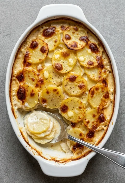 Dauphinoise potatoes with golden cream-baked top and soft layered potato slices in a shallow gratin dish