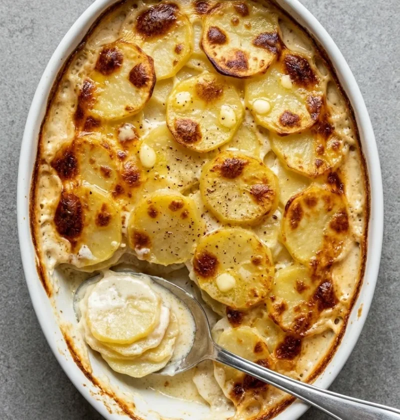 Dauphinoise potatoes with golden cream-baked top and soft layered potato slices in a shallow gratin dish