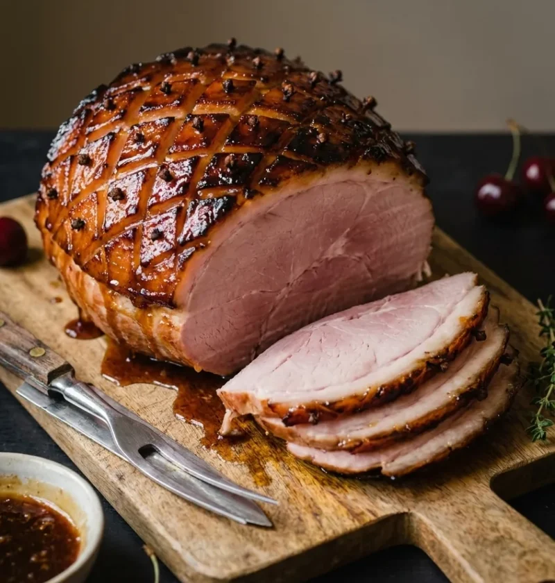 Glazed gammon ham joint with diamond scored fat cloves and carved slices on a wooden board