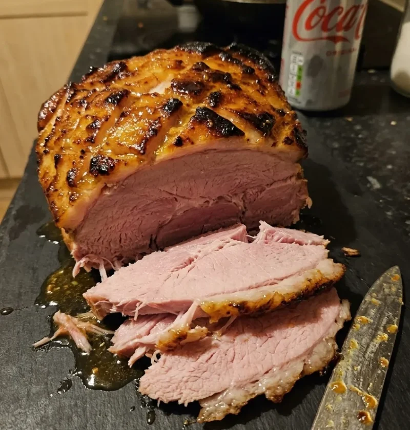 Gammon joint cooked in cola with honey mustard glaze carved on a dark slate board with coca cola can