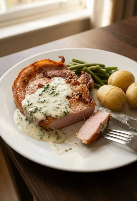 Fried gammon steak with parsley sauce new potatoes and green beans on a white plate