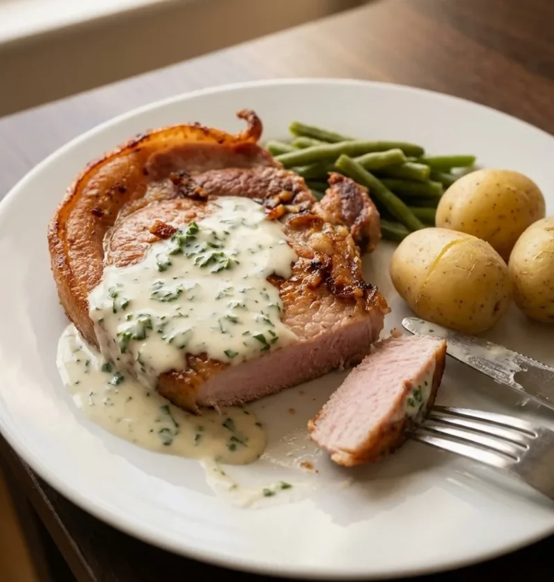 Fried gammon steak with parsley sauce new potatoes and green beans on a white plate