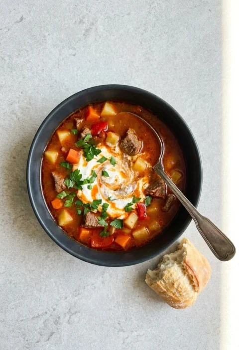 Hungarian goulash soup with beef potatoes and soured cream in a dark bowl with crusty bread