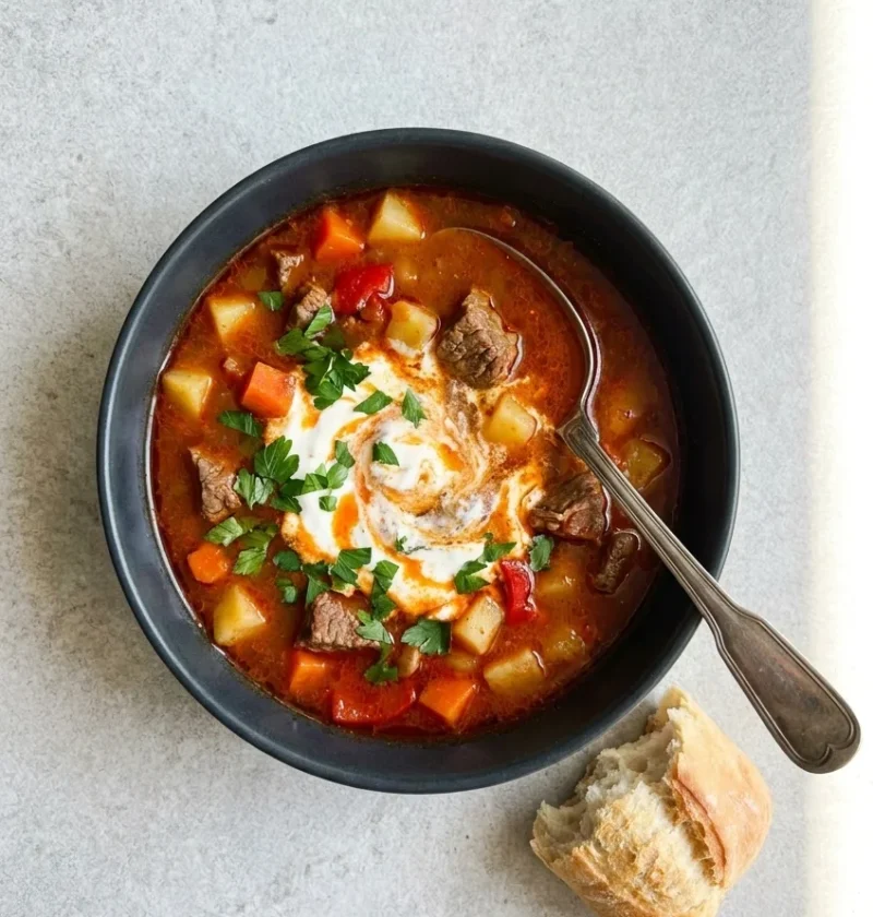 Hungarian goulash soup with beef potatoes and soured cream in a dark bowl with crusty bread