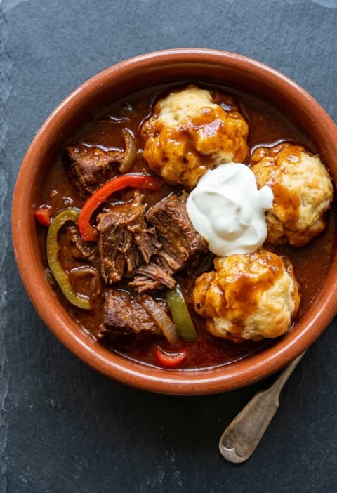 Hungarian goulash with suet dumplings and soured cream in a terracotta bowl on dark slate