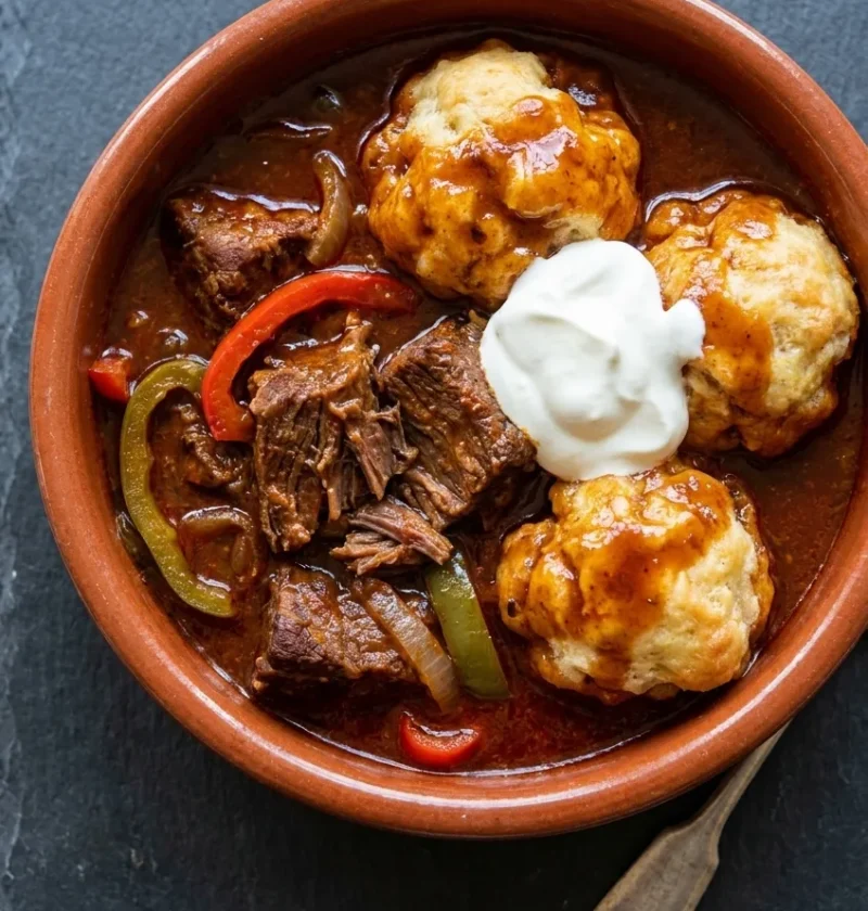Hungarian goulash with suet dumplings and soured cream in a terracotta bowl on dark slate