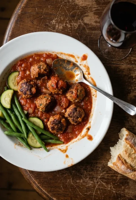 Small Italian meatballs in chunky tomato sauce with green beans and courgette in a white bowl