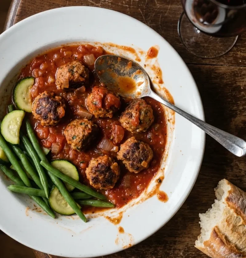 Small Italian meatballs in chunky tomato sauce with green beans and courgette in a white bowl