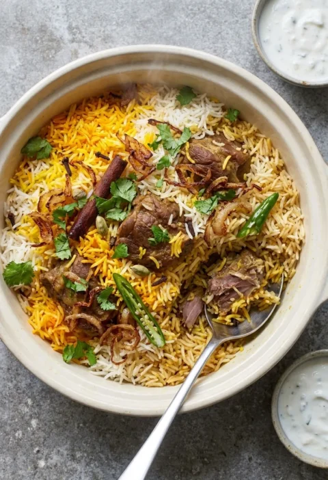 Hairy Bikers lamb biryani with saffron basmati rice, tender lamb chunks, crispy onions and coriander in a sealed pot