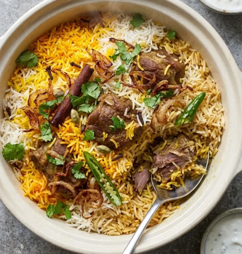 Hairy Bikers lamb biryani with saffron basmati rice, tender lamb chunks, crispy onions and coriander in a sealed pot