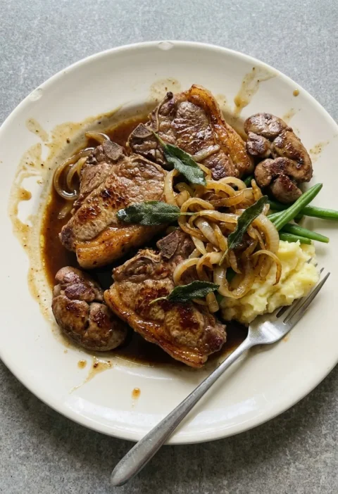Hairy Bikers lamb chops with pan-fried kidneys, caramelised onions, Marsala sauce and crispy sage, served with mash and green beans