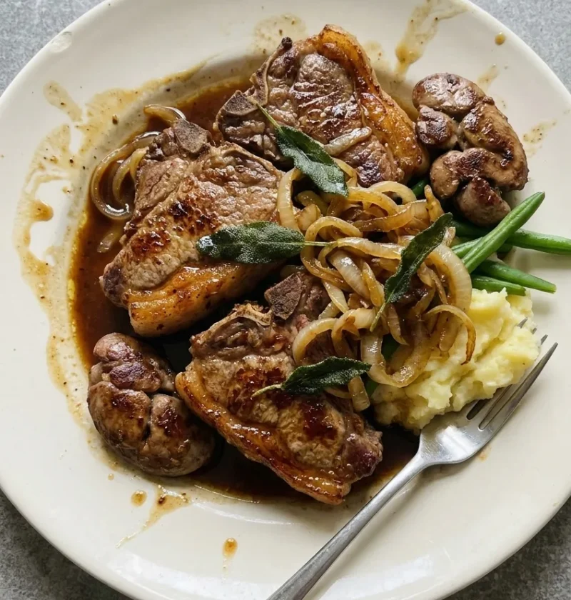 Hairy Bikers lamb chops with pan-fried kidneys, caramelised onions, Marsala sauce and crispy sage, served with mash and green beans