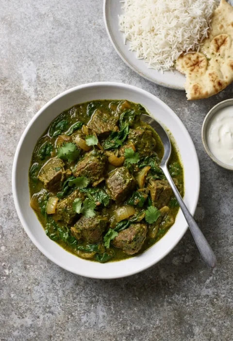 Lamb saag curry with chunks of lamb in a green spinach sauce with wilted leaves, coriander, rice and naan