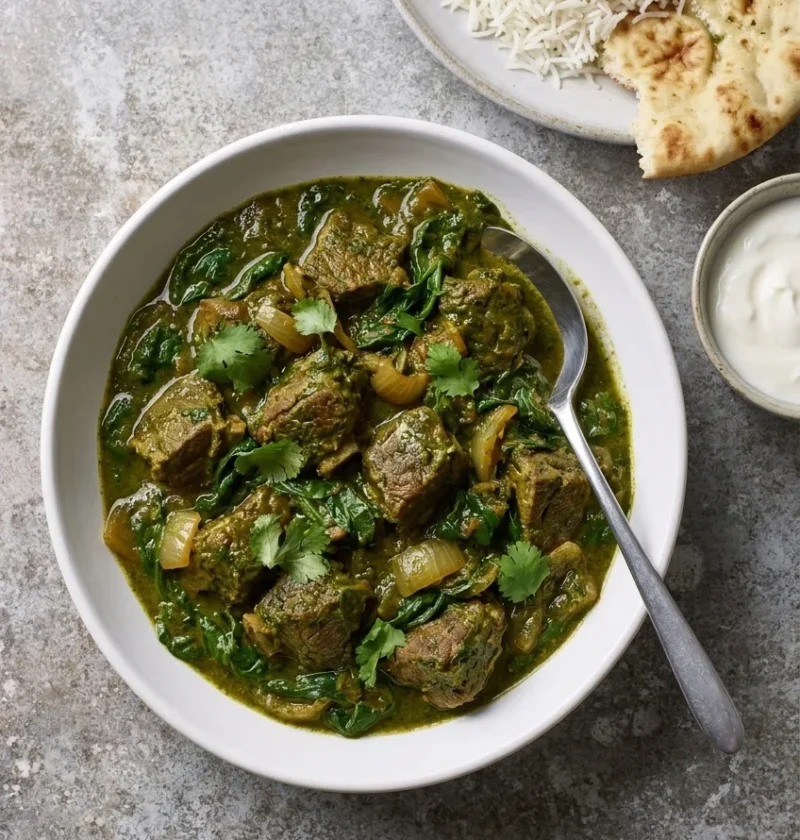 Lamb saag curry with chunks of lamb in a green spinach sauce with wilted leaves, coriander, rice and naan