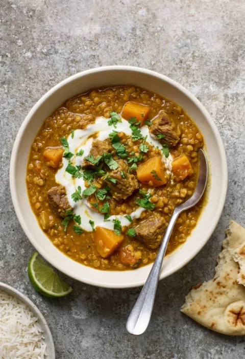 Hairy Bikers lamb dhansak with tender lamb, butternut squash and red lentils in a thick golden curry topped with yoghurt and coriander