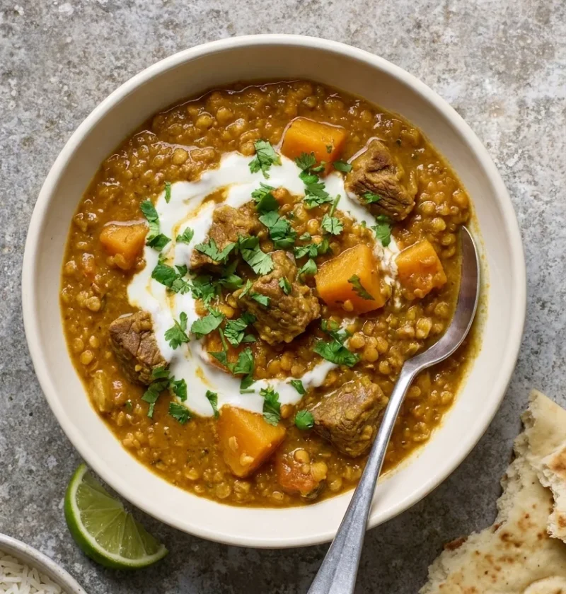 Hairy Bikers lamb dhansak with tender lamb, butternut squash and red lentils in a thick golden curry topped with yoghurt and coriander