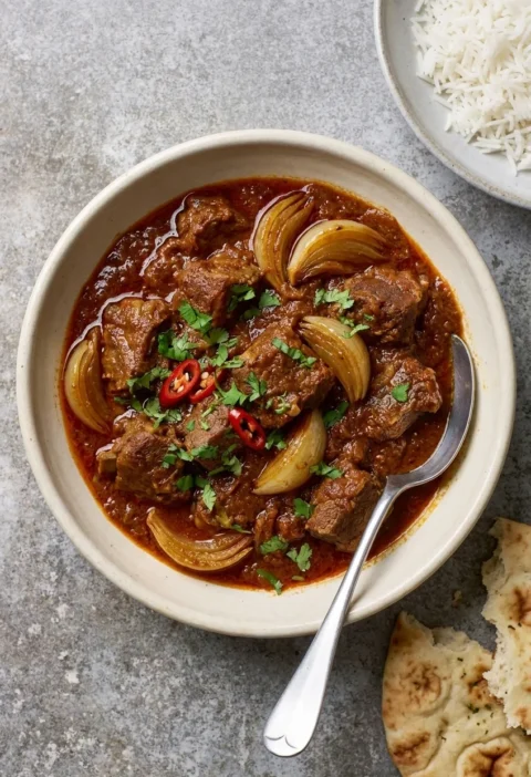 Hairy Bikers lamb dopiaza with tender lamb chunks and soft onion wedges in a thick brown onion sauce topped with coriander and chilli