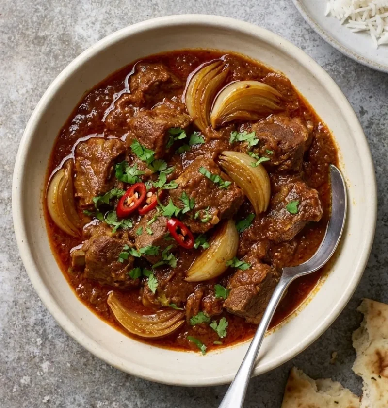 Hairy Bikers lamb dopiaza with tender lamb chunks and soft onion wedges in a thick brown onion sauce topped with coriander and chilli