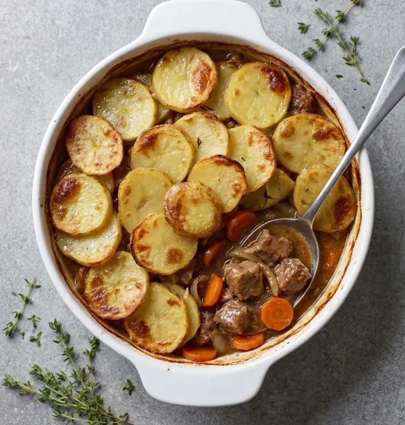 Simple lamb hotpot with crispy potato top and lamb chunks with carrots in gravy