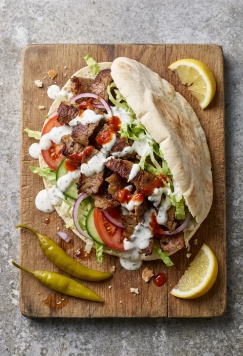 Hairy Bikers lamb doner kebab in an open pitta with browned lamb, fresh salad, garlic yoghurt sauce and chilli sauce